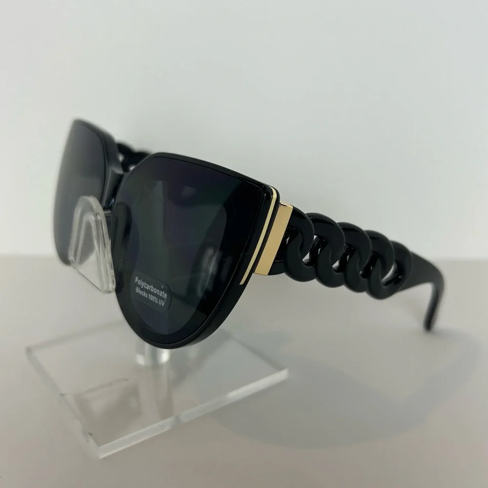 Sunglasses Women's Black With Round Link Design Gold Trim Oversized Cat Eye NEW